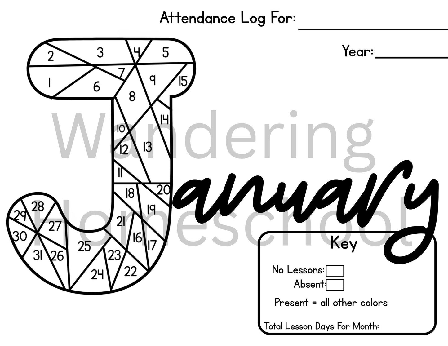Homeschool Attendance Color In Log | 13 Monthly Tracking Sheets | Printable PDF