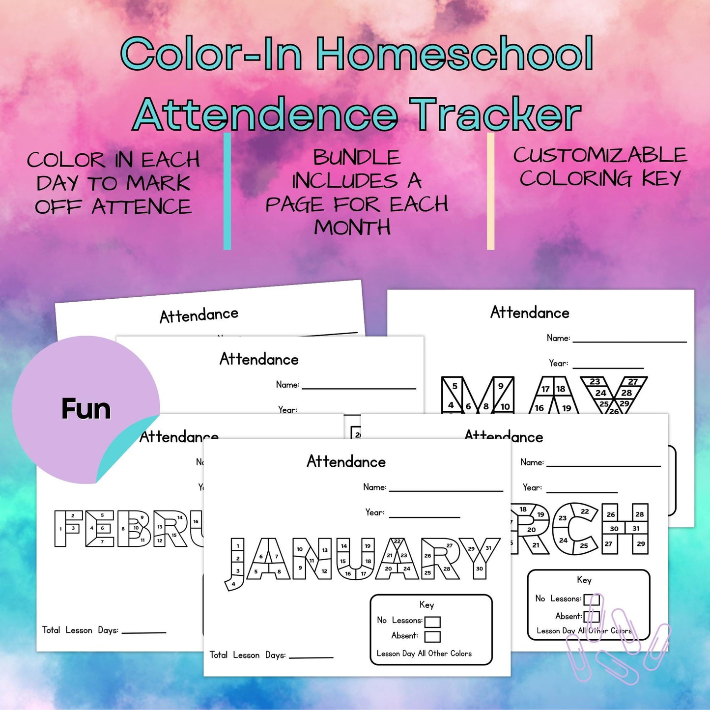 Color-In Homeschool Attendance Tracker: Monthly Printable Bundle (Digital Download)