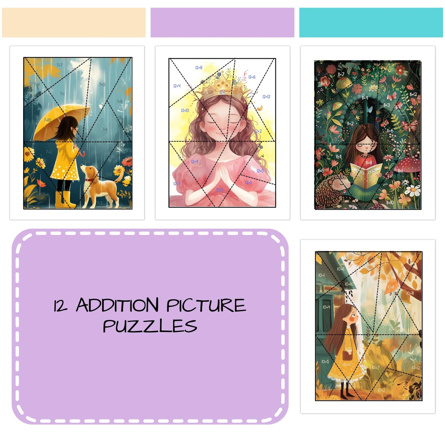 Addition Puzzles for Girls – Set of 12 Fun & Girly Math Activities (Facts 1–12)