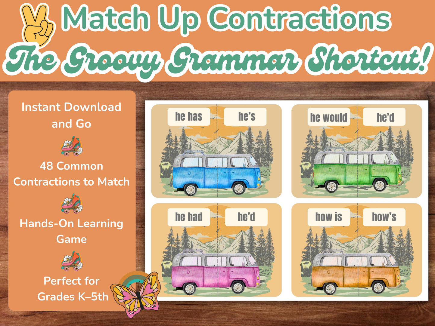 VW Bus Contraction Matching Game: Retro Grammar Activity for Kids