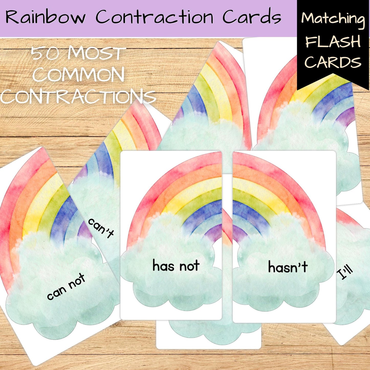 Watercolor Rainbow Contraction Flash Cards | 50 Matching Pairs for Grades 1+