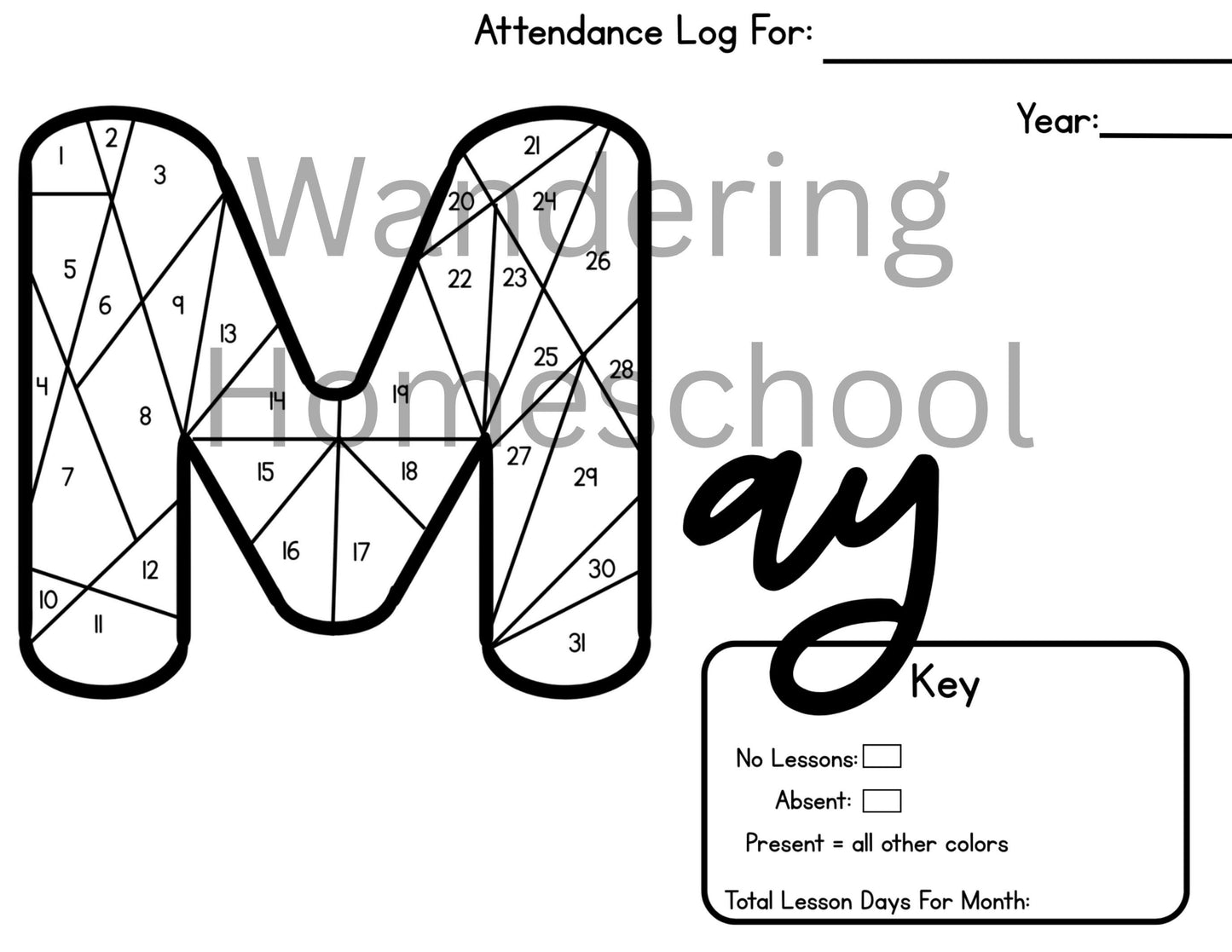 Homeschool Attendance Color In Log | 13 Monthly Tracking Sheets | Printable PDF