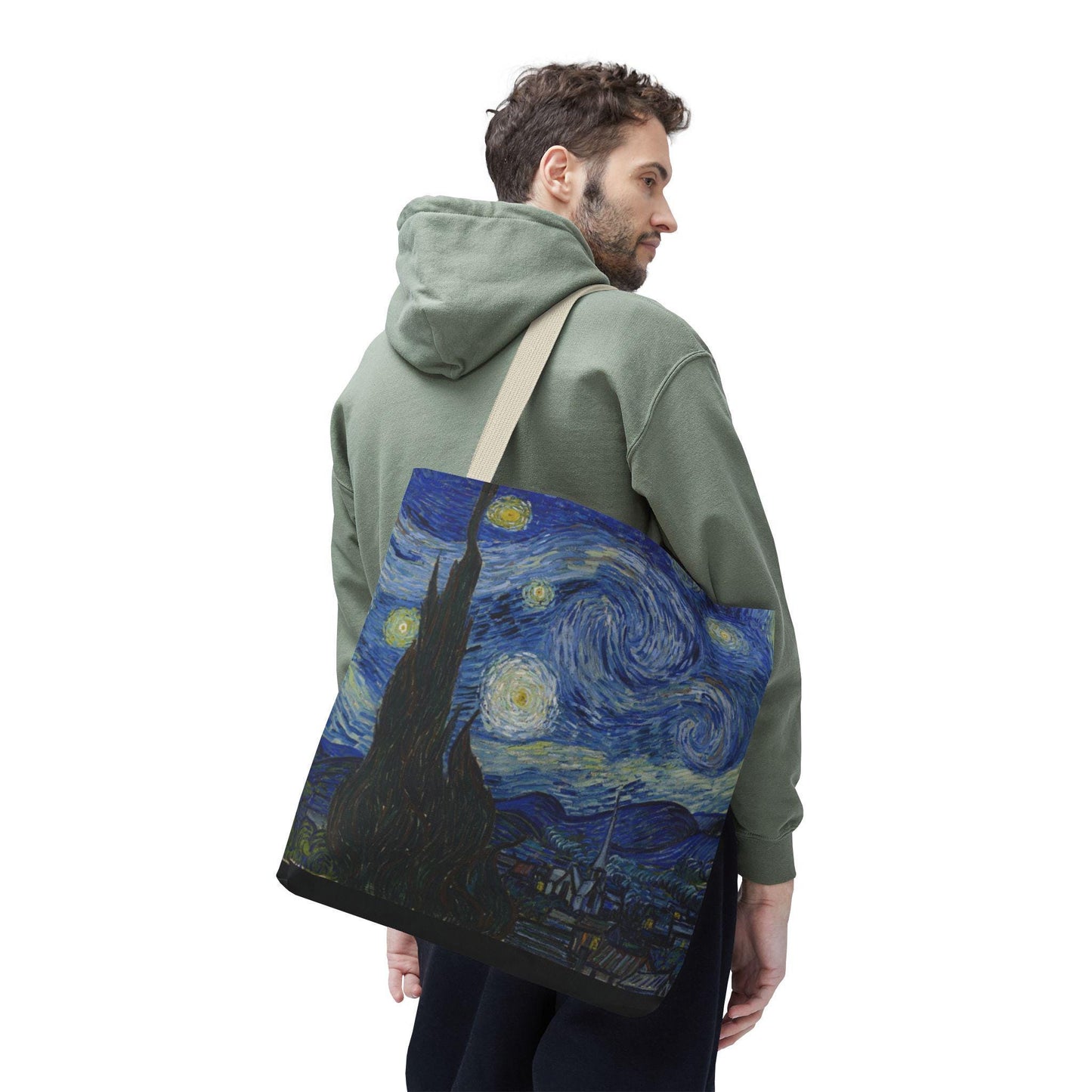 Starry Night Art Tote Bag, 18x18, Custom Printed Durable Everyday Bag with Black, Navy, or Beige Handles