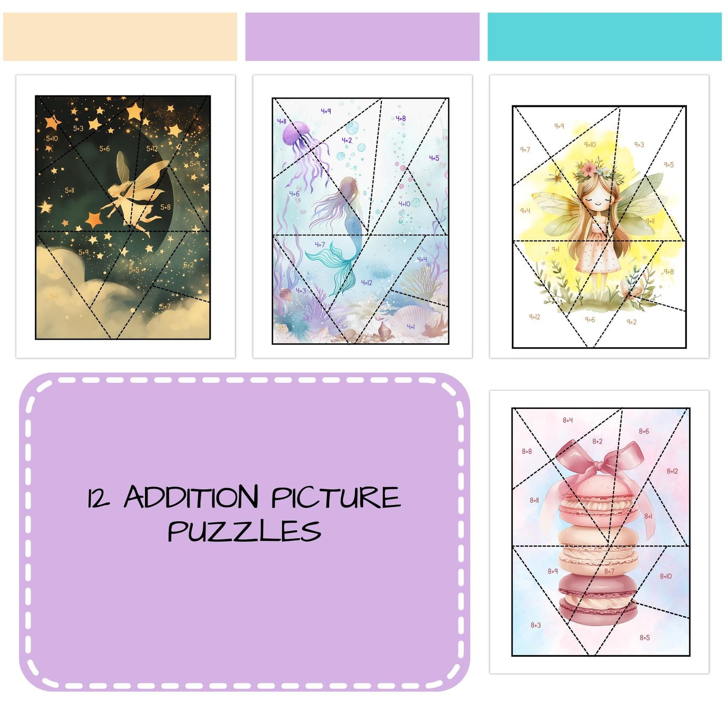 Addition Puzzles for Girls – Set of 12 Fun & Girly Math Activities (Facts 1–12)