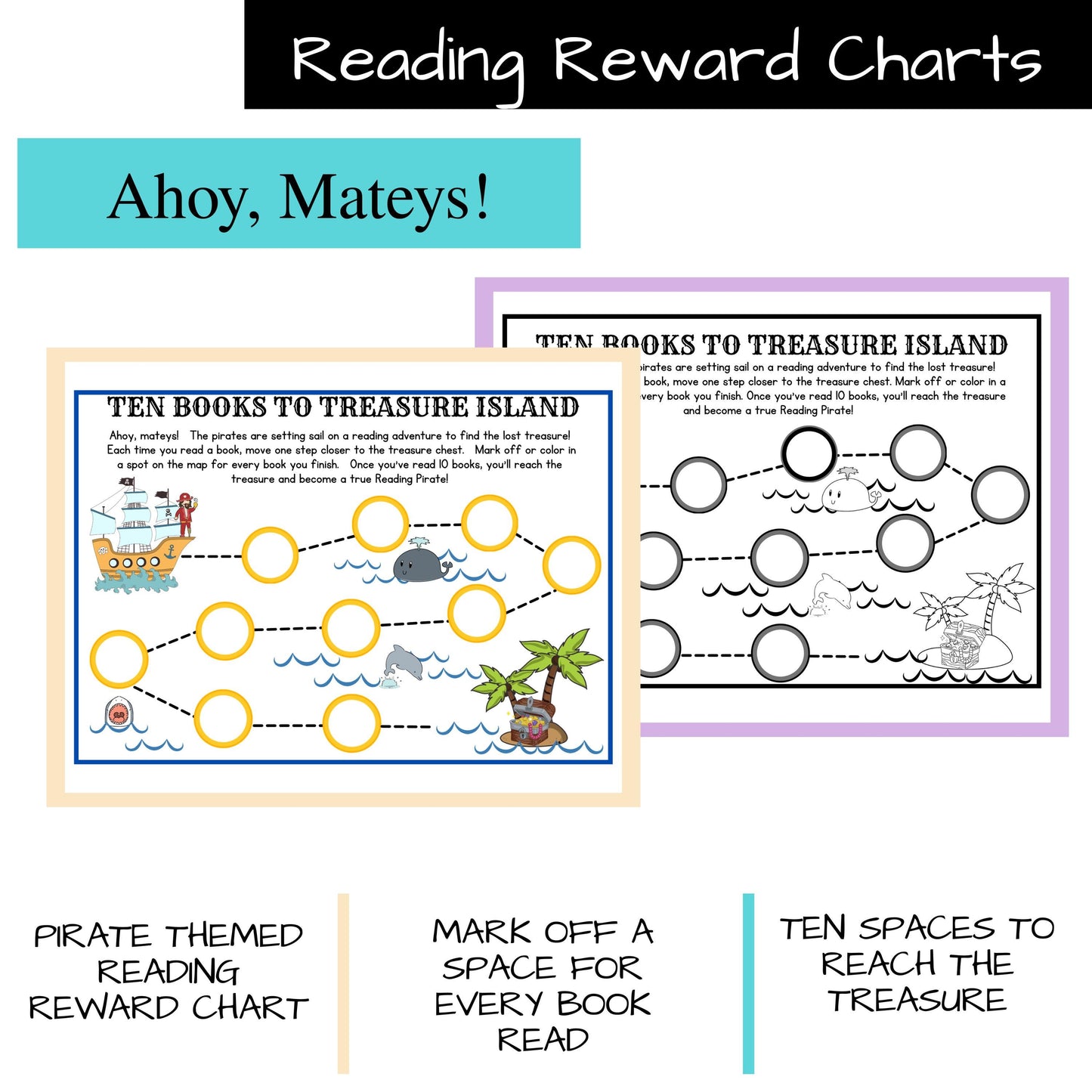 Pirate Reading Reward Chart for Kids Bundle With Color and Black and White