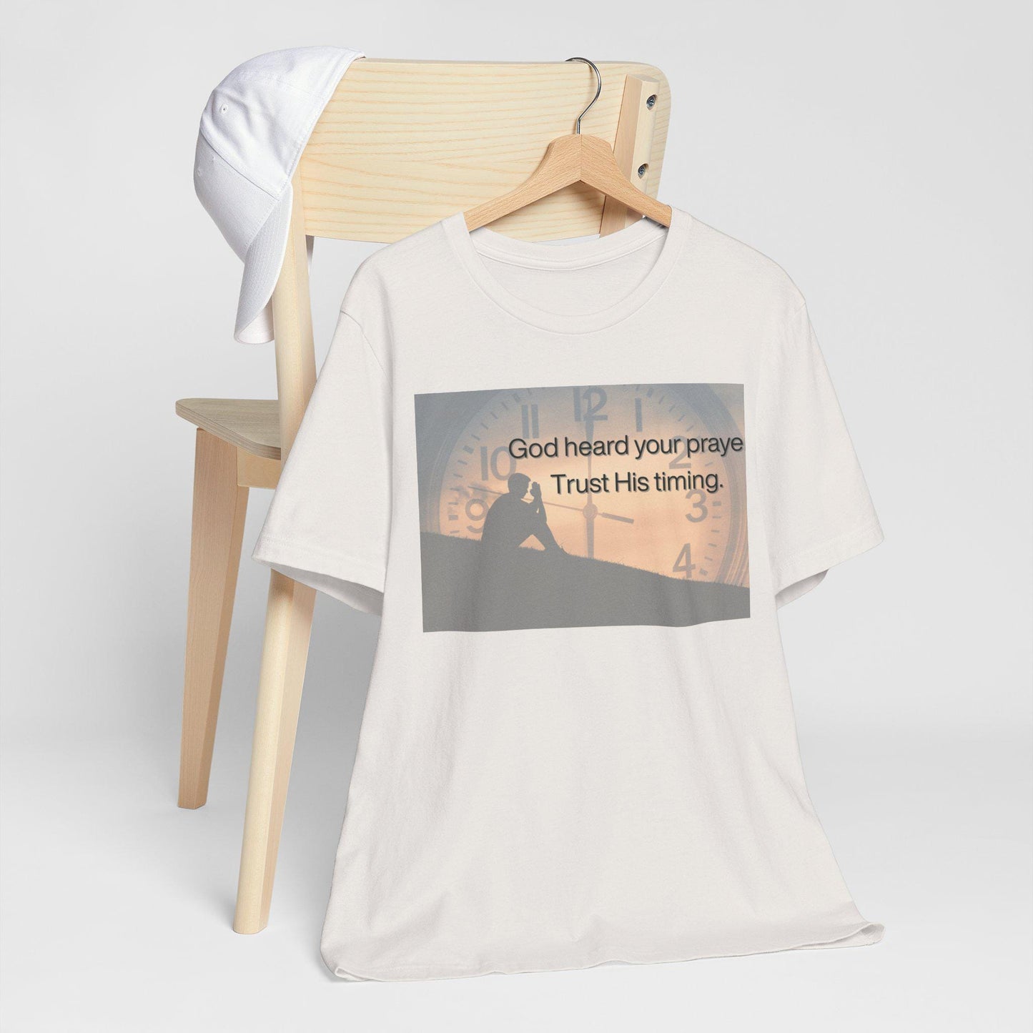 Men's God Heard Your Prayers, Trust His Timing Jersey Short Sleeve Tee