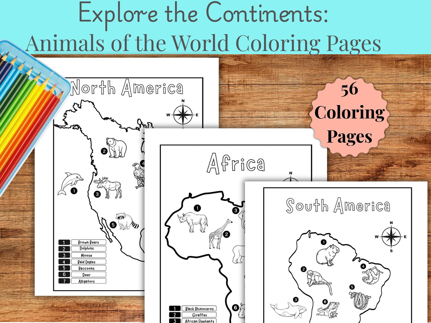 Animals of the World Coloring Pages: Educational Geography Bundle (PDF Download)