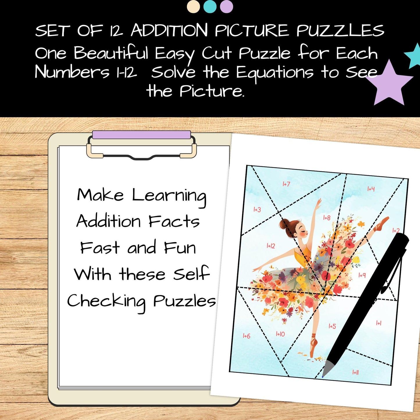 Addition Puzzles for Girls – Set of 12 Fun & Girly Math Activities (Facts 1–12)