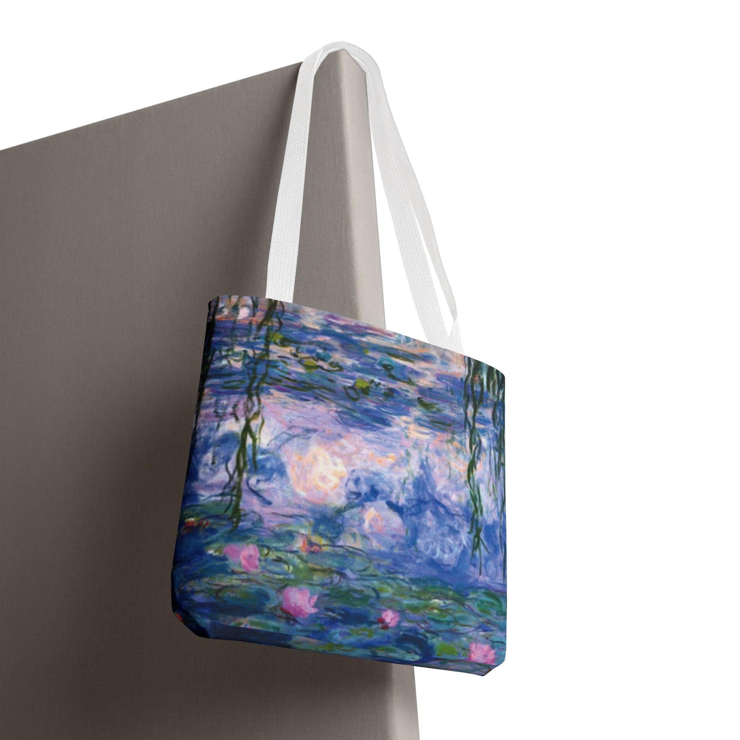 Water Lilies Art Tote Bag, 18x18, Durable Custom Printed Bag with White or Navy Handles