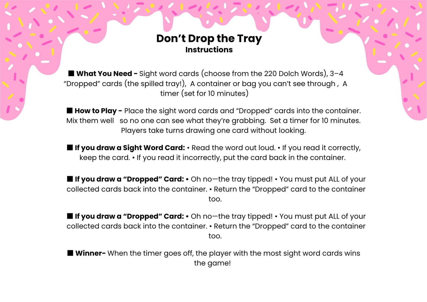 Don’t Drop the Tray! Sight Word Card Game – Fun Dolch Word Practice (220 Words Included)