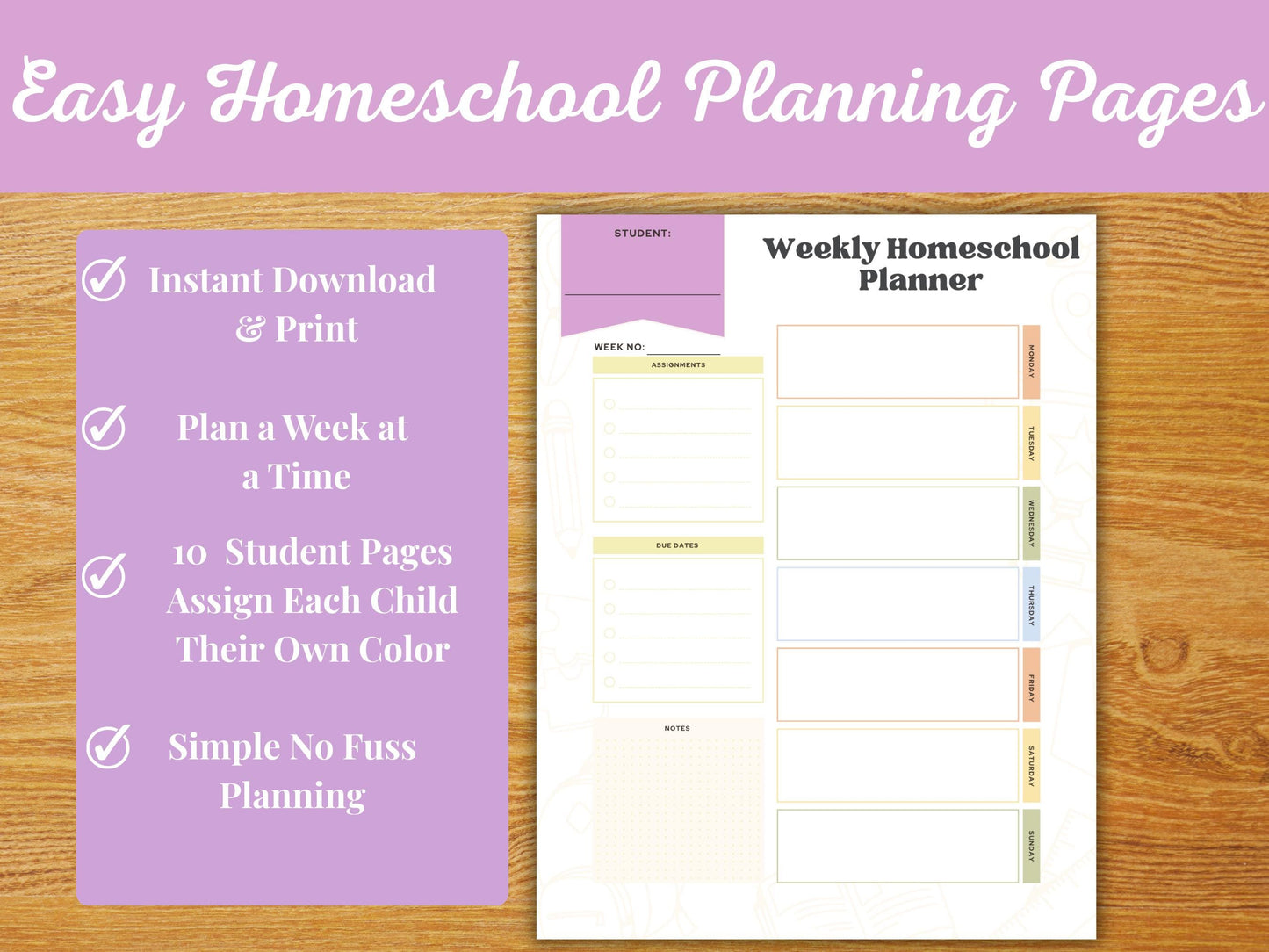 Weekly Homeschool Student Planner Page – Track Assignments, Notes & Due Dates