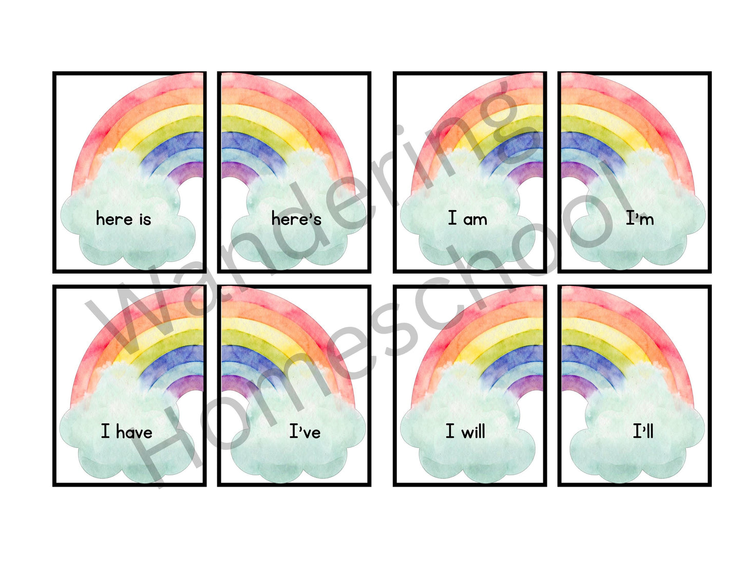 Watercolor Rainbow Contraction Flash Cards | 50 Matching Pairs for Grades 1+