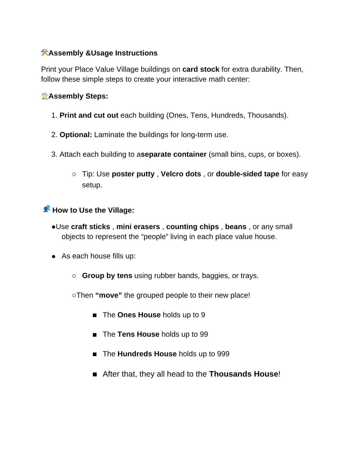 Printable Place Value Village Math Center: Hands-On Learning (K-2) (Digital Download