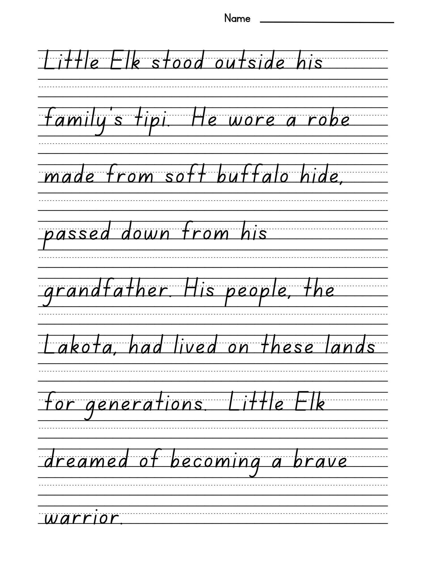 Native American History Copywork: The Boy with the Buffalo Robe (Print & Cursive PDF