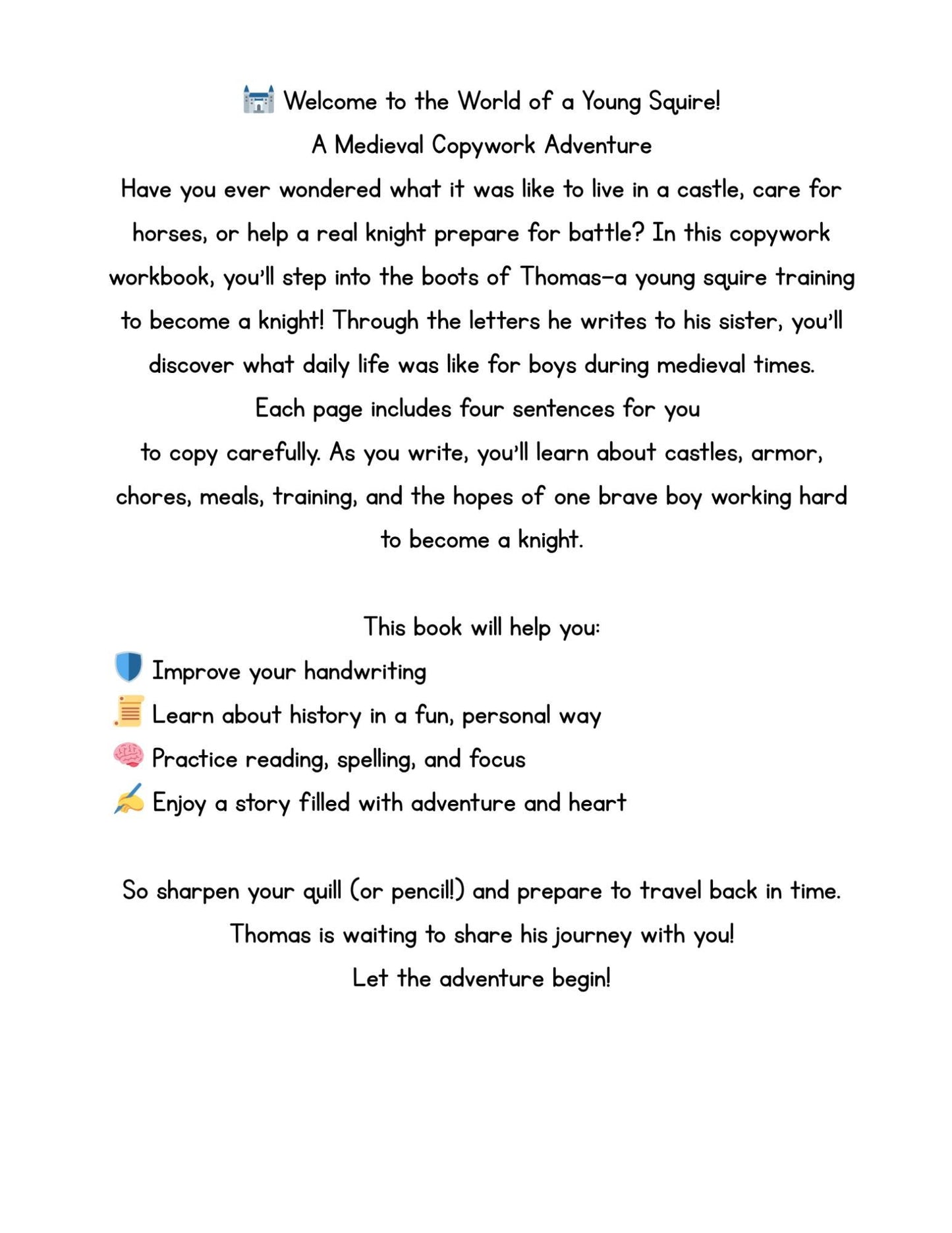 The Letters of Thomas the Squire-Life in a Castle A History Story Print Copywork