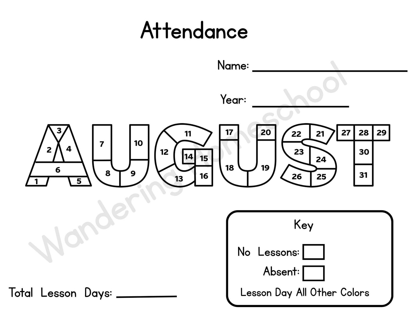 Color-In Homeschool Attendance Tracker: Monthly Printable Bundle (Digital Download)