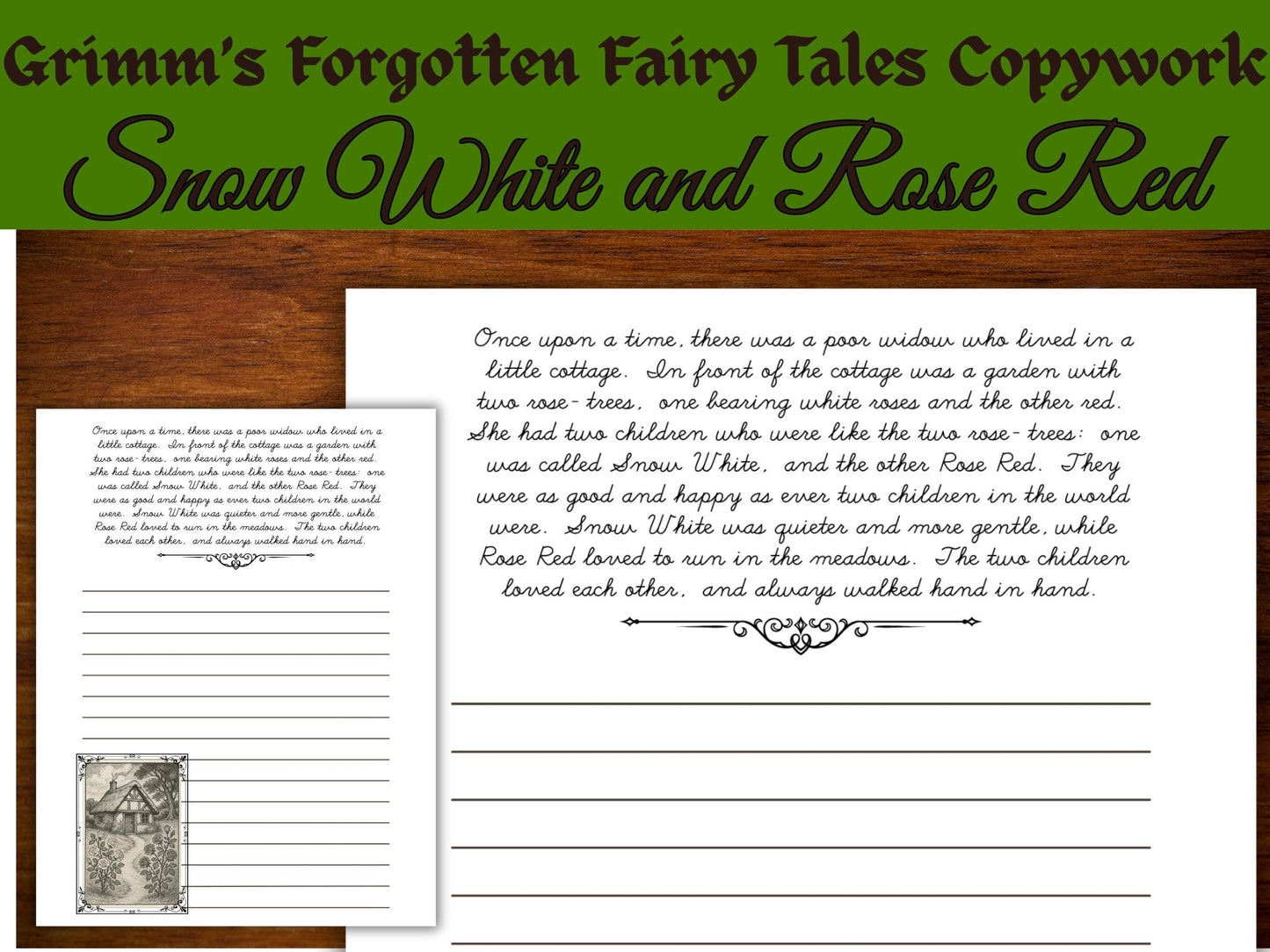 Snow White & Rose Red Cursive Copywork: Grimm's Fairy Tale Handwriting Practice (PDF Download)