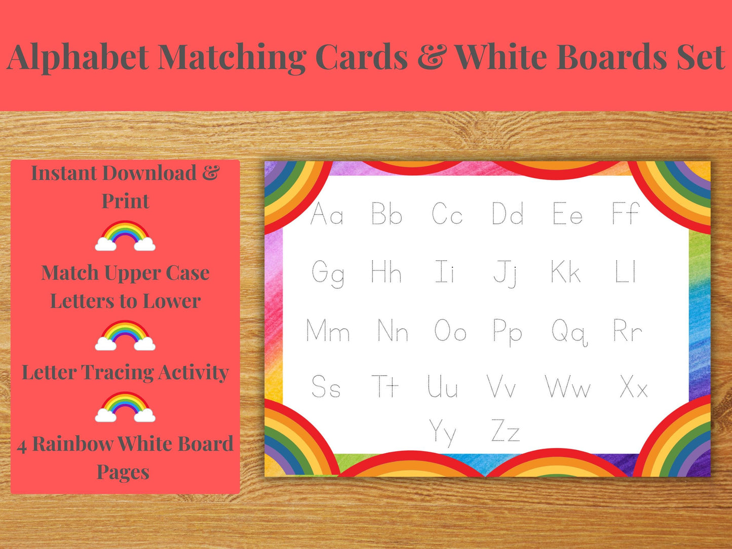 Rainbow Alphabet Learning Bundle: Matching Cards & Tracing Worksheets (Printable Set)