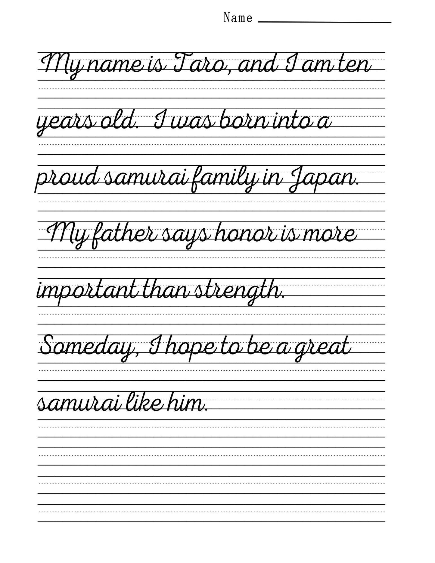 The Son of the Samurai: A Historical Cursive Copywork Story