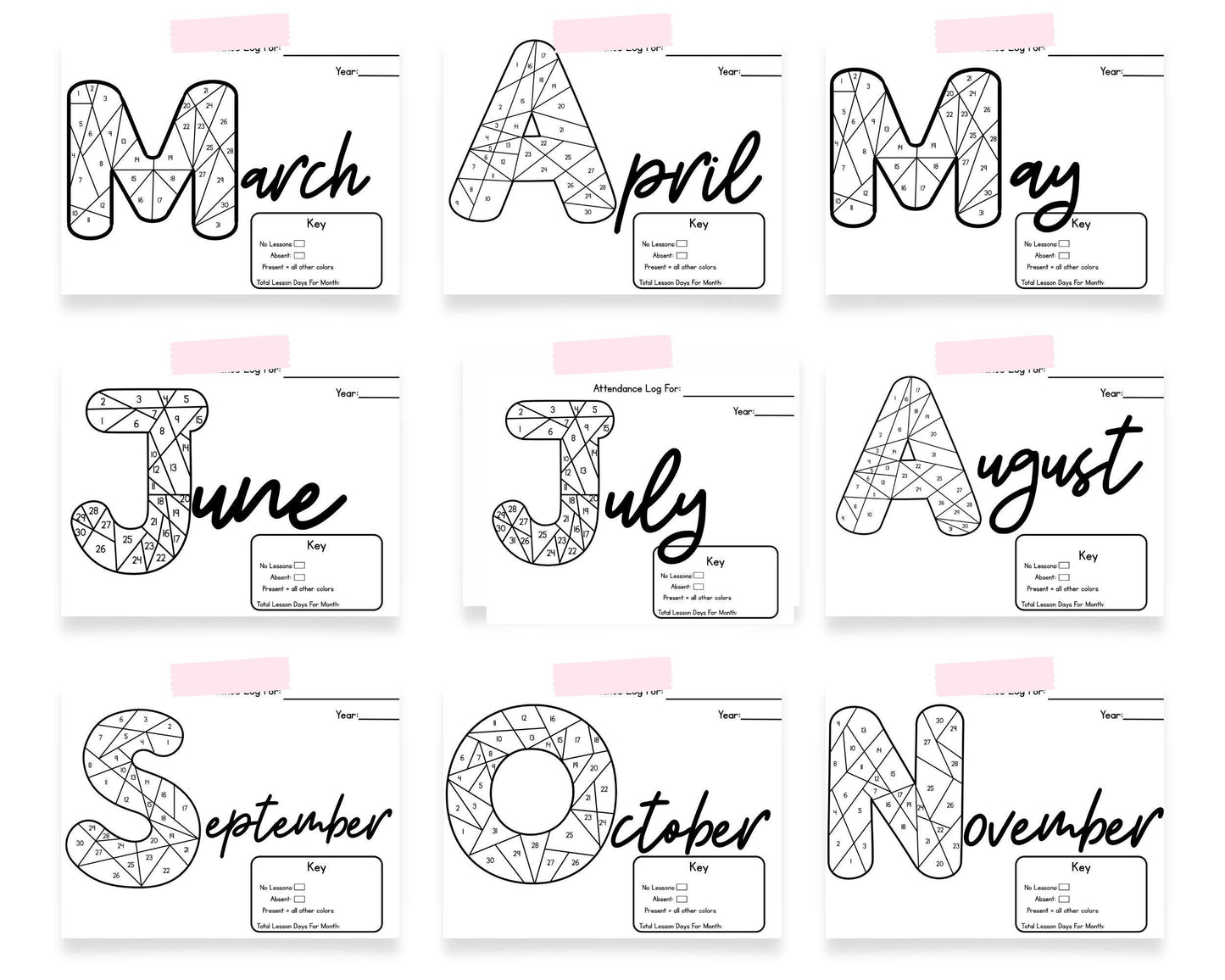 Homeschool Attendance Color In Log | 13 Monthly Tracking Sheets | Printable PDF